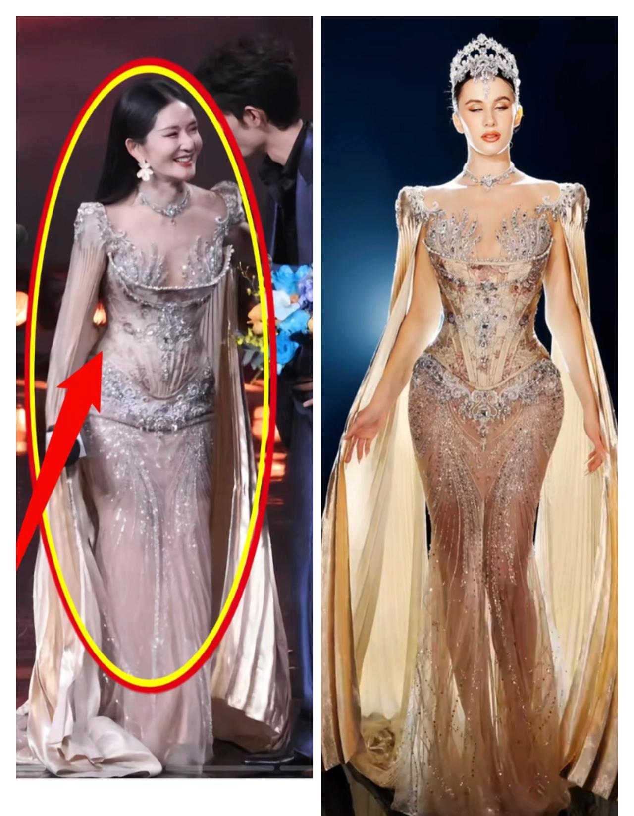 真不是我毒舌，昨晚的谢娜，硬是把一件国际高定礼服穿出了地摊货的感觉。那件黑裙子