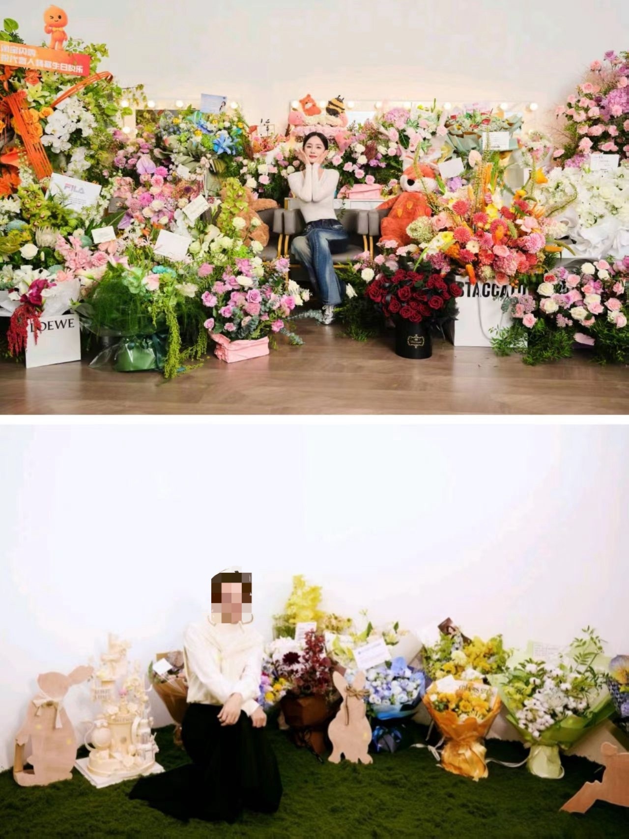 杨幂我猜赵丽颖粉丝一定很羡慕杨幂的生日花图，因为杨幂被品牌满满的爱意包围，杨幂