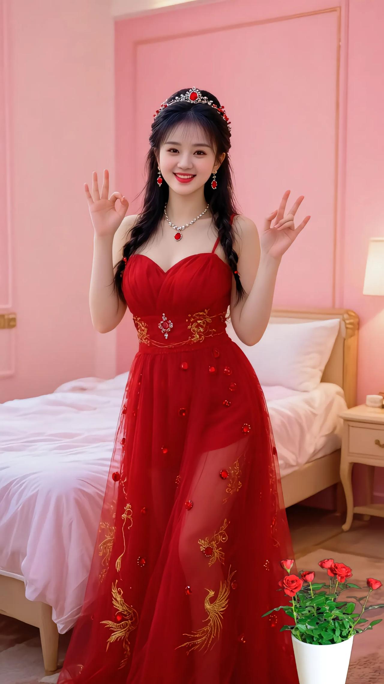 红裙飘飘，仙气十足，快来和我一起做手势吧！🌸💃👗