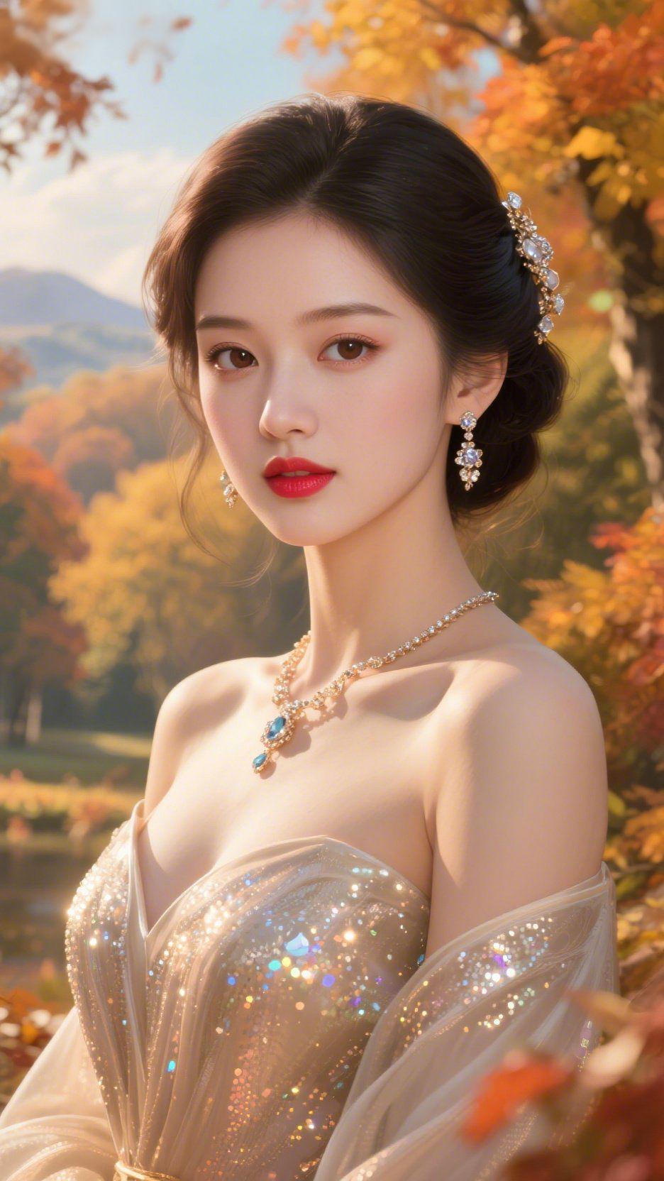 金裙伴秋林盛景秋日的枫林铺展成橘红的锦缎，层叠的枝叶筛下鎏金的日光，远山在