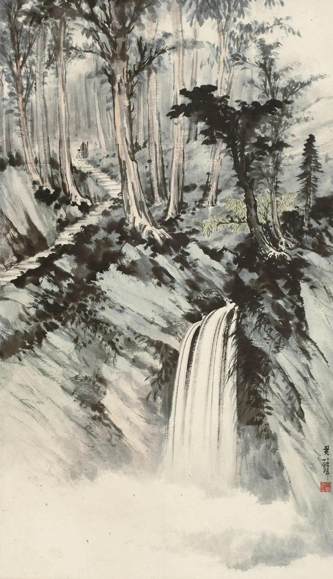 【黄君璧山水画瀑布】黄君璧（1898—1991），广州南海人。原名允瑄，晚