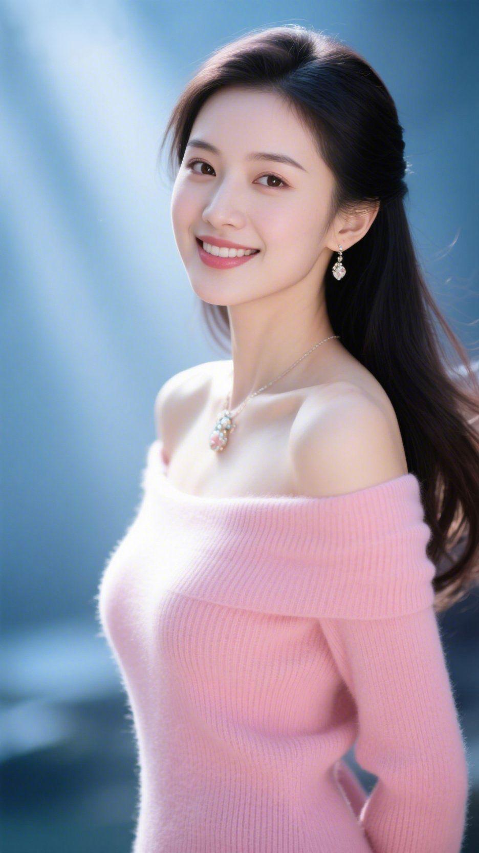 粉衫里的柔光轻漾当淡粉软绒落上肩头，像把春日的云揉进了针织纹理里。斜肩的设