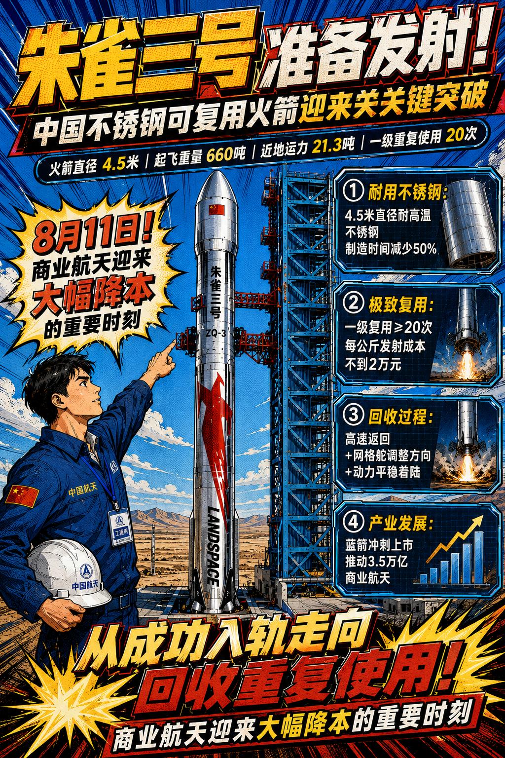 朱雀三号遥二大型液氧甲烷运载火箭进入发射准备阶段，这枚直径达到4.5米且起飞