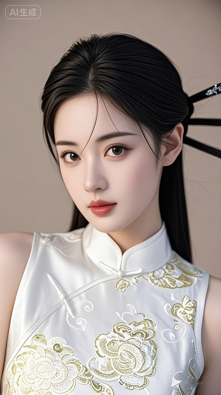 一位绝色美人，玉骨冰肌，眼睛宛若秋水一般，清澈、明亮，灵动，肌肤胜雪白的发亮，黑