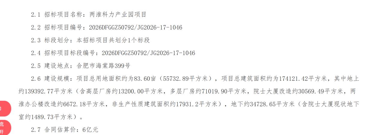 6亿元】近日，两淮科力产业园项目启动招标工作。项目坐落于合肥市海棠路399号
