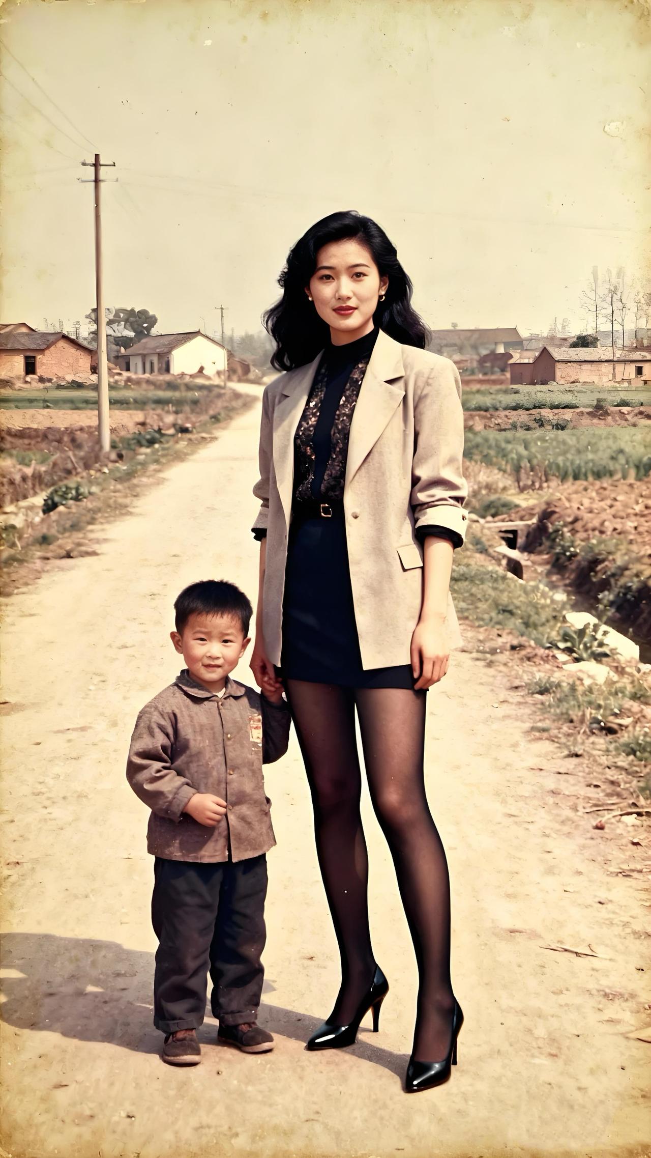 90年代初，这样的穿搭颇为时尚。灰白色西装搭配黑色连衣裙，尽显青春朝气，黑丝袜配