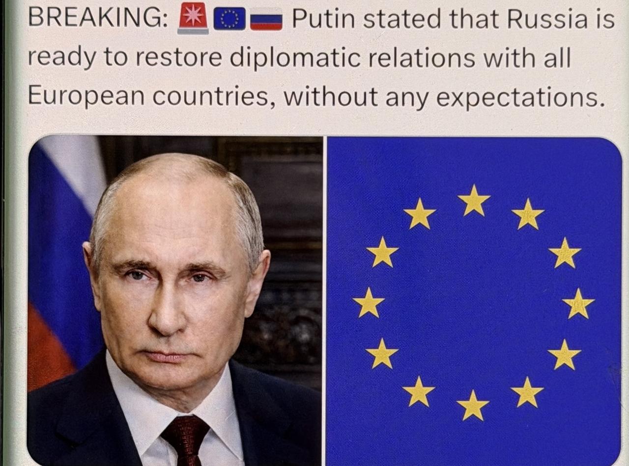 今天，普京放出重磅消息——俄罗斯已准备好与所有欧洲国家恢复外交关系，且不附带任何