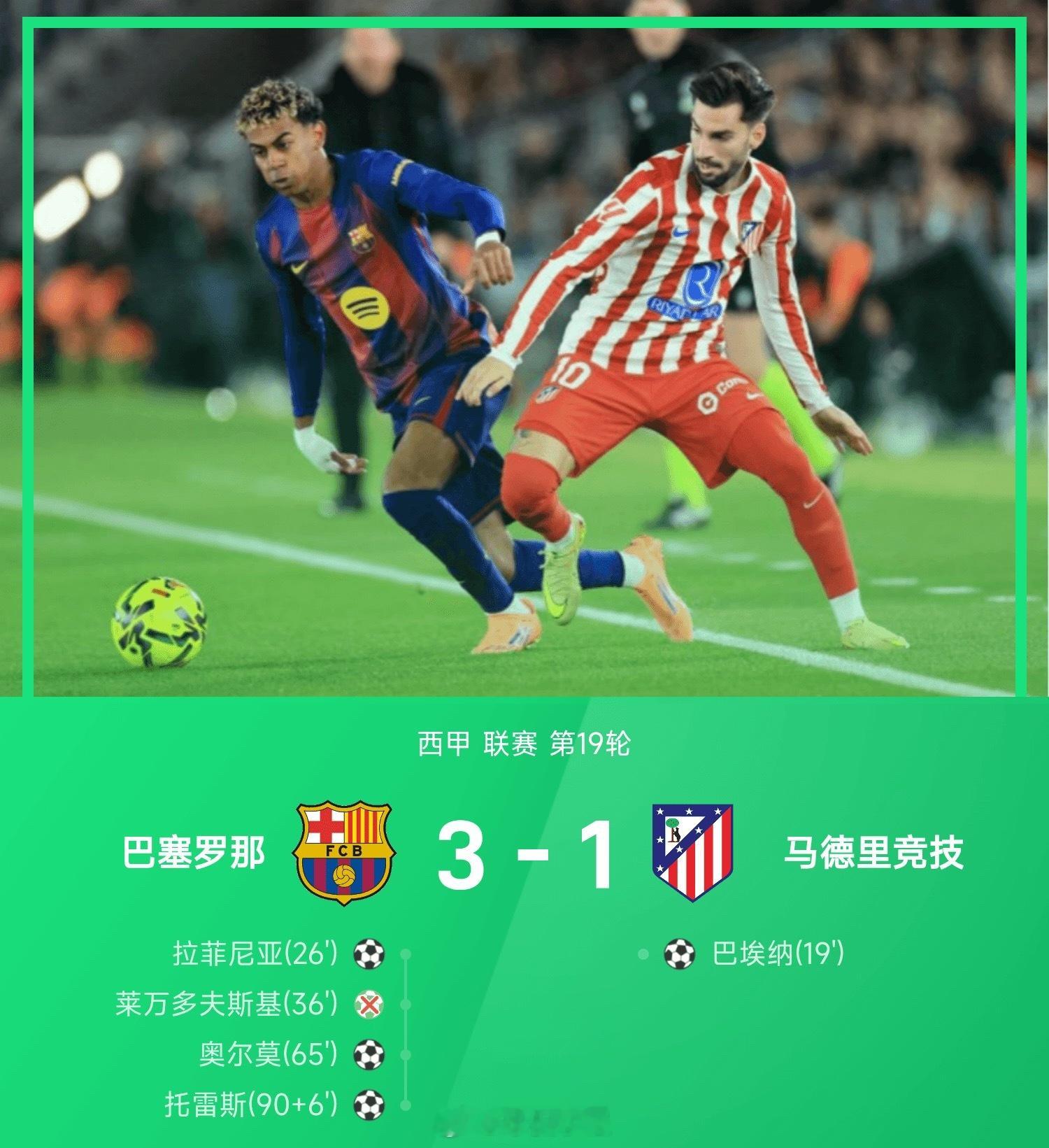 25-26赛季西甲联赛第19轮，巴塞罗那坐镇诺坎普球场迎战马德里竞技。此役上半场