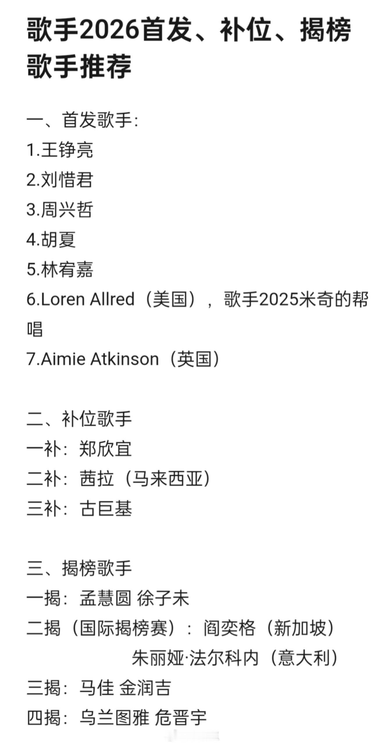 歌手2026首发、补位、揭榜歌手推荐歌手‖