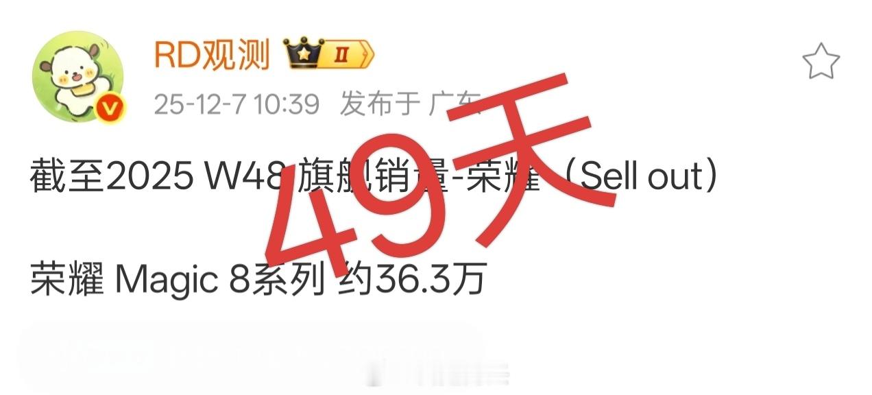 荣耀Magic8系列开售49天，激活36.3万台，按照这个趋势，三个月大概销售在