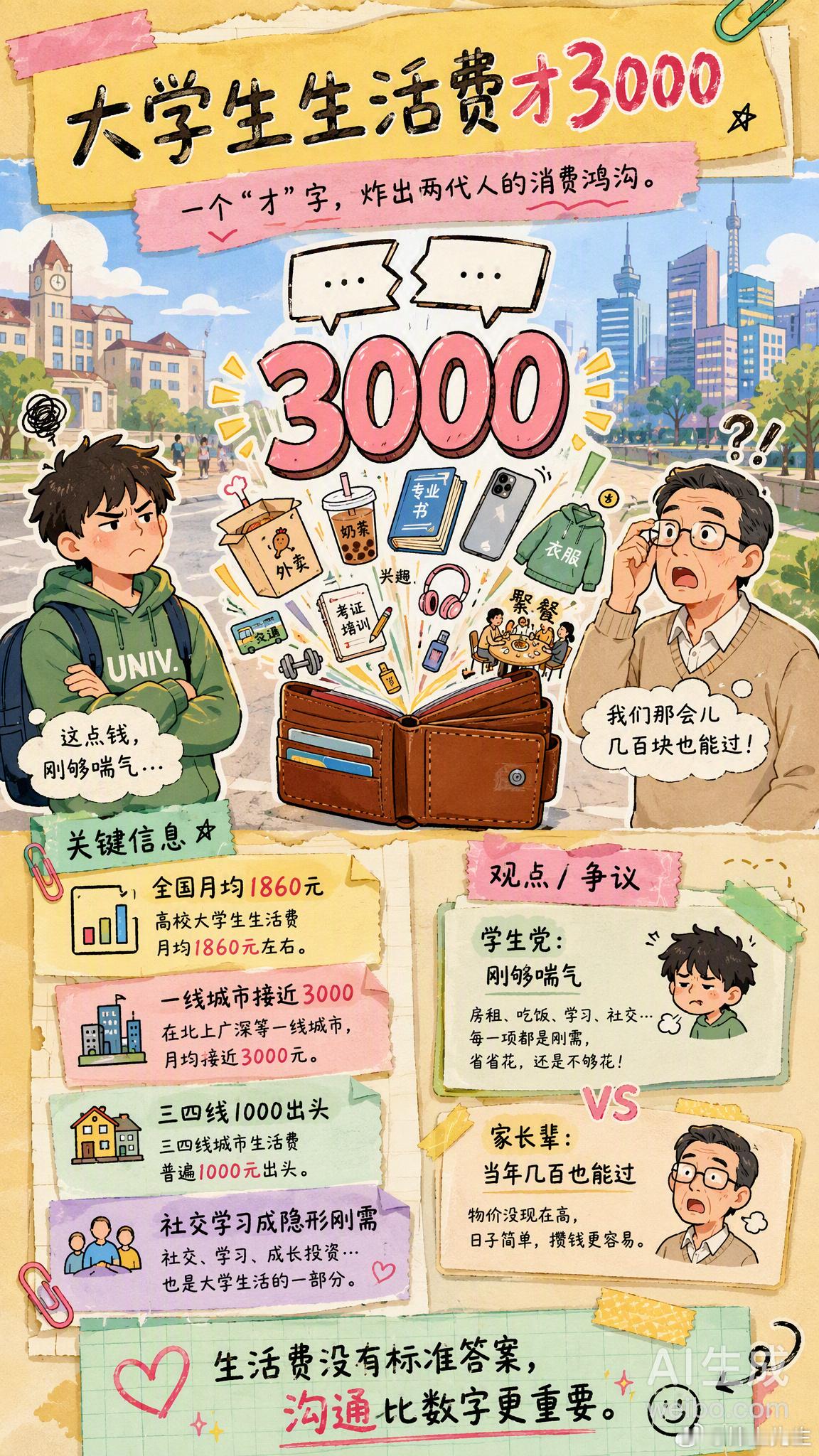 #大学生生活费才3000#一个“才”字，炸出了两代人的消费鸿沟。事情起因是一位大学生提到每月生活费2