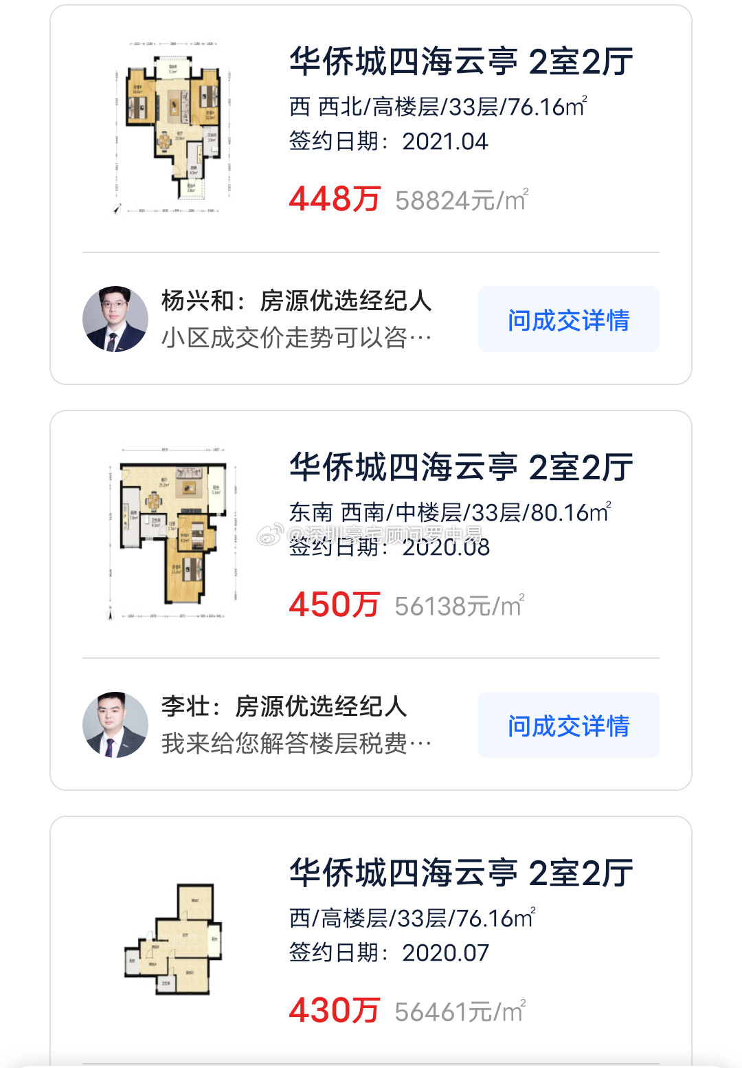 沙井的华侨城四海云亭78平左右的两房，从2020年的450万跌到现在的180万，