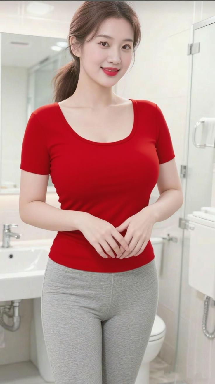 《晨室里的红意》晨间的柔光漫过浴室的白瓷墙，落在她松松束起的发尾上。正红色