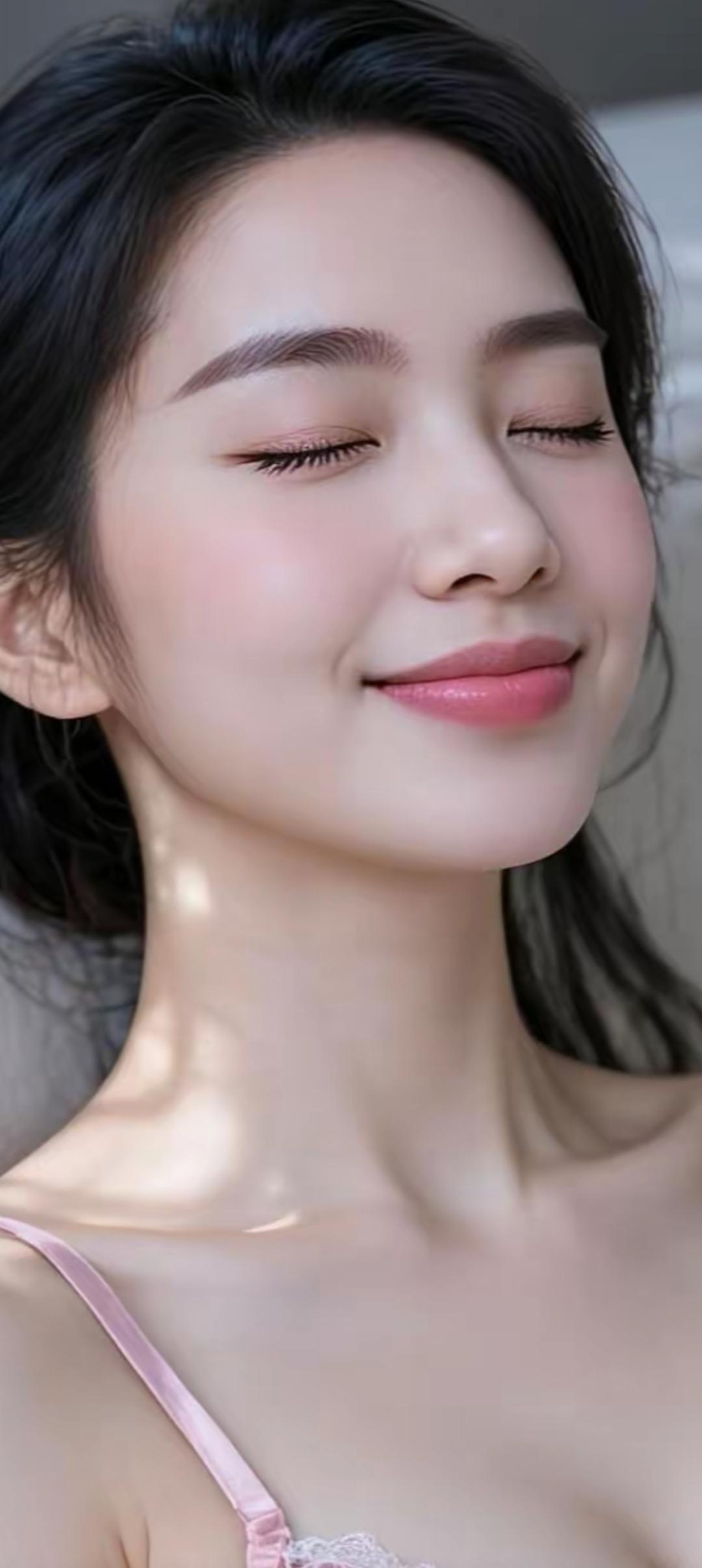 闭眼微笑，温柔如水，粉嫩的蕾丝吊带，少女心满满！🌸💕