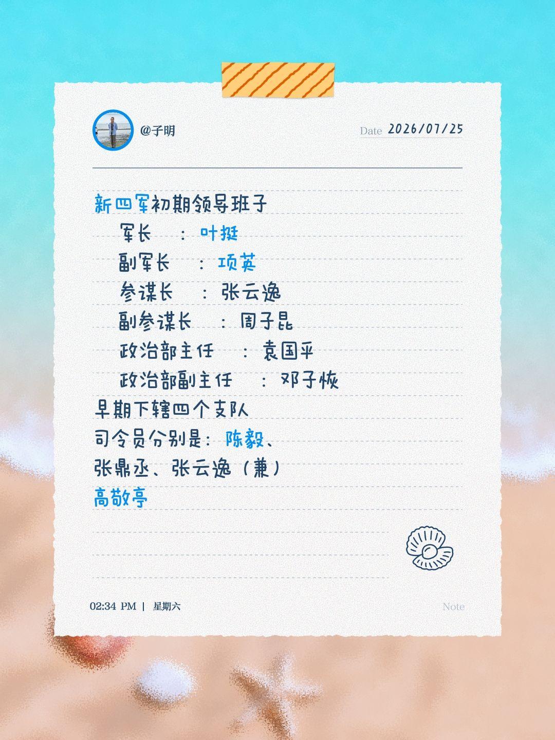 新四军初期领导班子 军长：叶挺 副军长：项英 参谋长：张云逸 副参谋长...