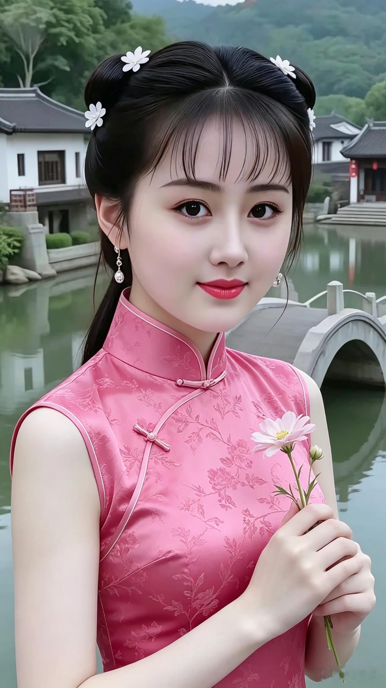 粉旗袍映衬着江南碧水，双发髻别着小白花蕊。手中轻捏着一枝花朵，眉眼弯弯露出