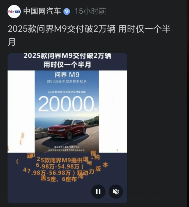 腾势博主，2025款的问界m9交付了20000台，你告诉我问界M9的均价是多少？