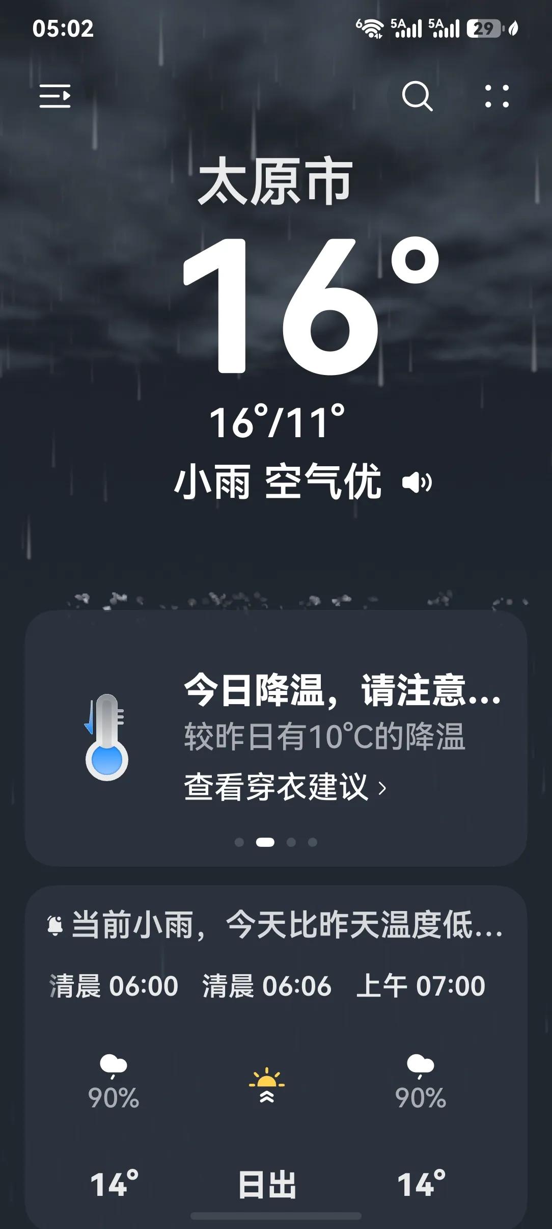 山西太原的雨时大时小下了一夜，风力三级，气温骤降。今天早上无论您是上班族还是读书