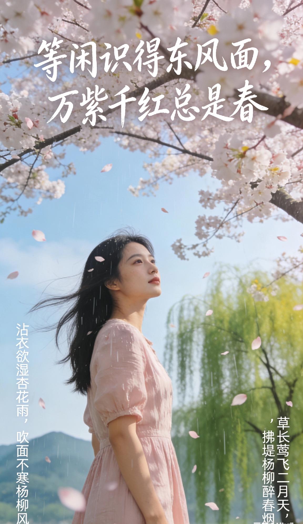 等闲识得东风面，万紫千红总是春。沾衣欲湿杏花雨，吹面不寒杨柳风。碧玉妆成一树