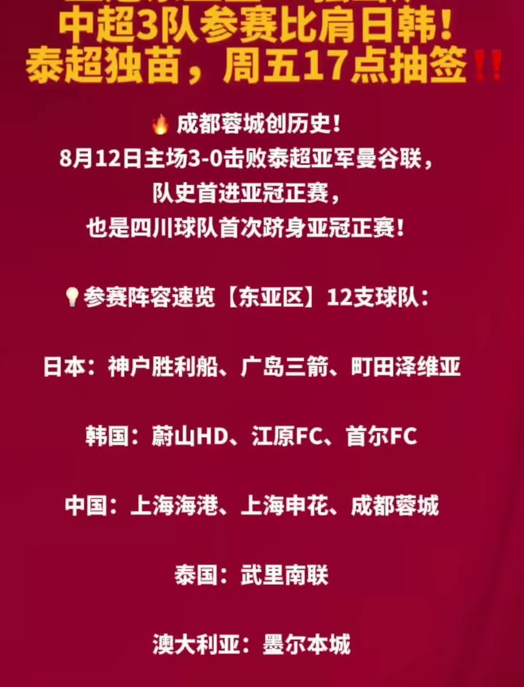成都蓉城把失去的亚冠名额夺回来了！亚冠精英赛中日韩都是三队参赛，泰国、澳大利亚和