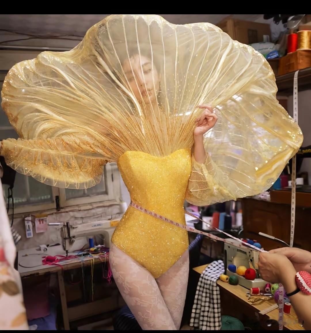 设计师脑洞大开，把礼服的裙摆搬到了脸上。杨颖穿这样的礼服，好像一朵蘑菇云。