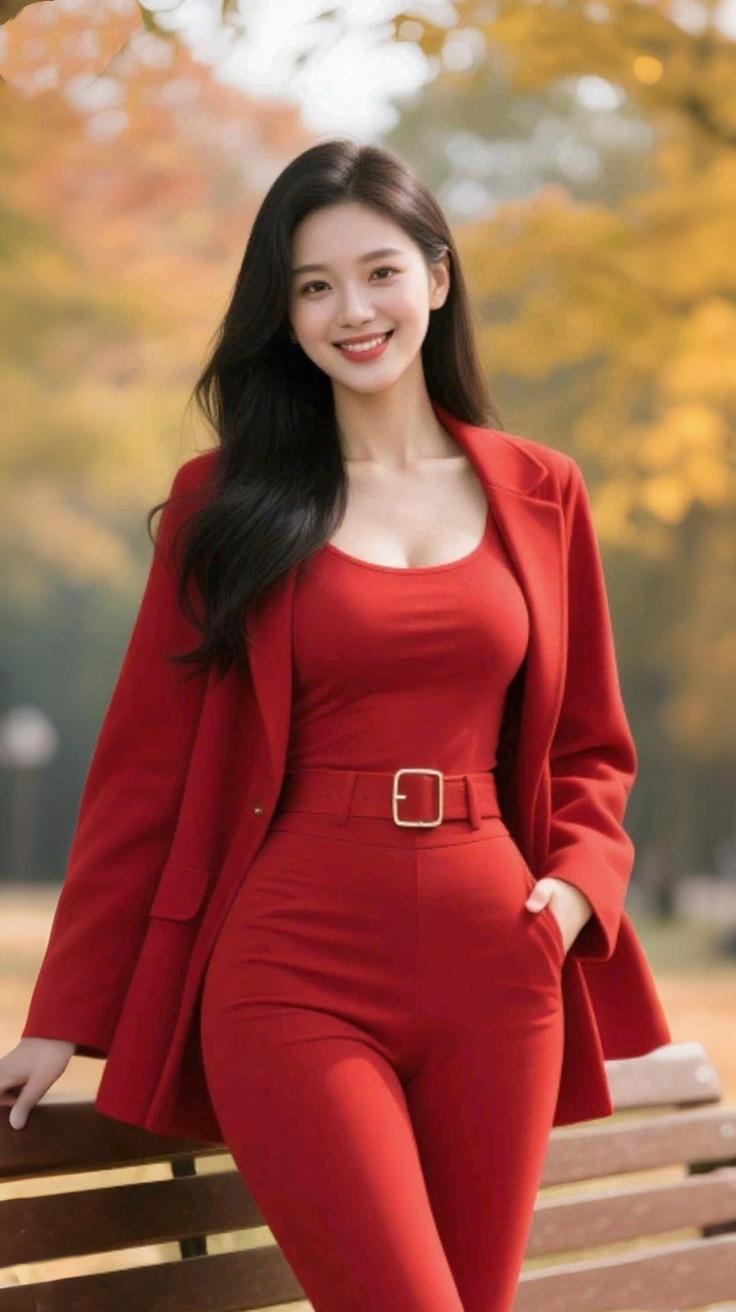 秋光绯色风卷着桂香漫过公园长椅，她一身暖红撞进秋的柔黄里。不是灼眼的