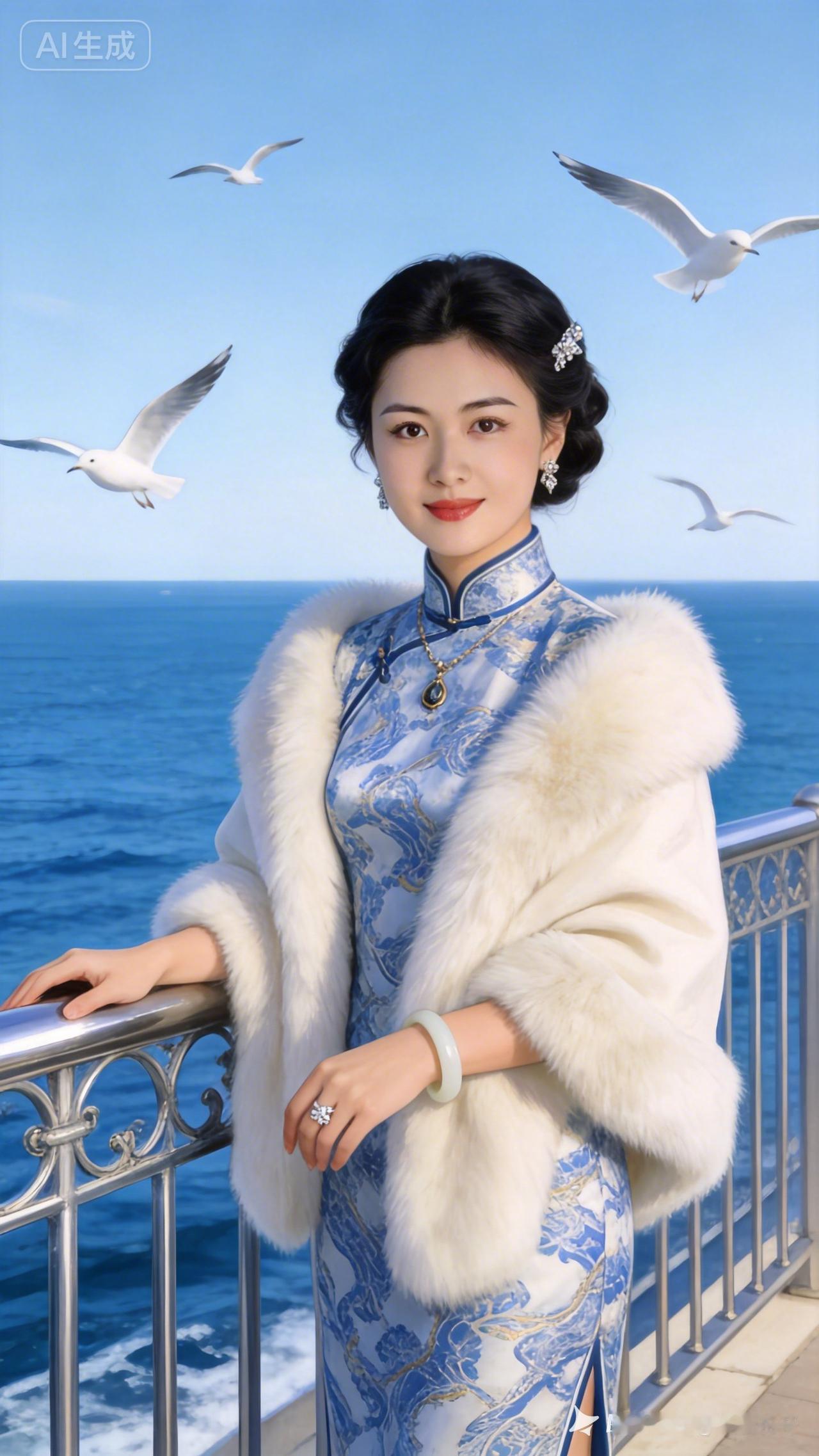 穿着旗袍的女士在海边拍照。