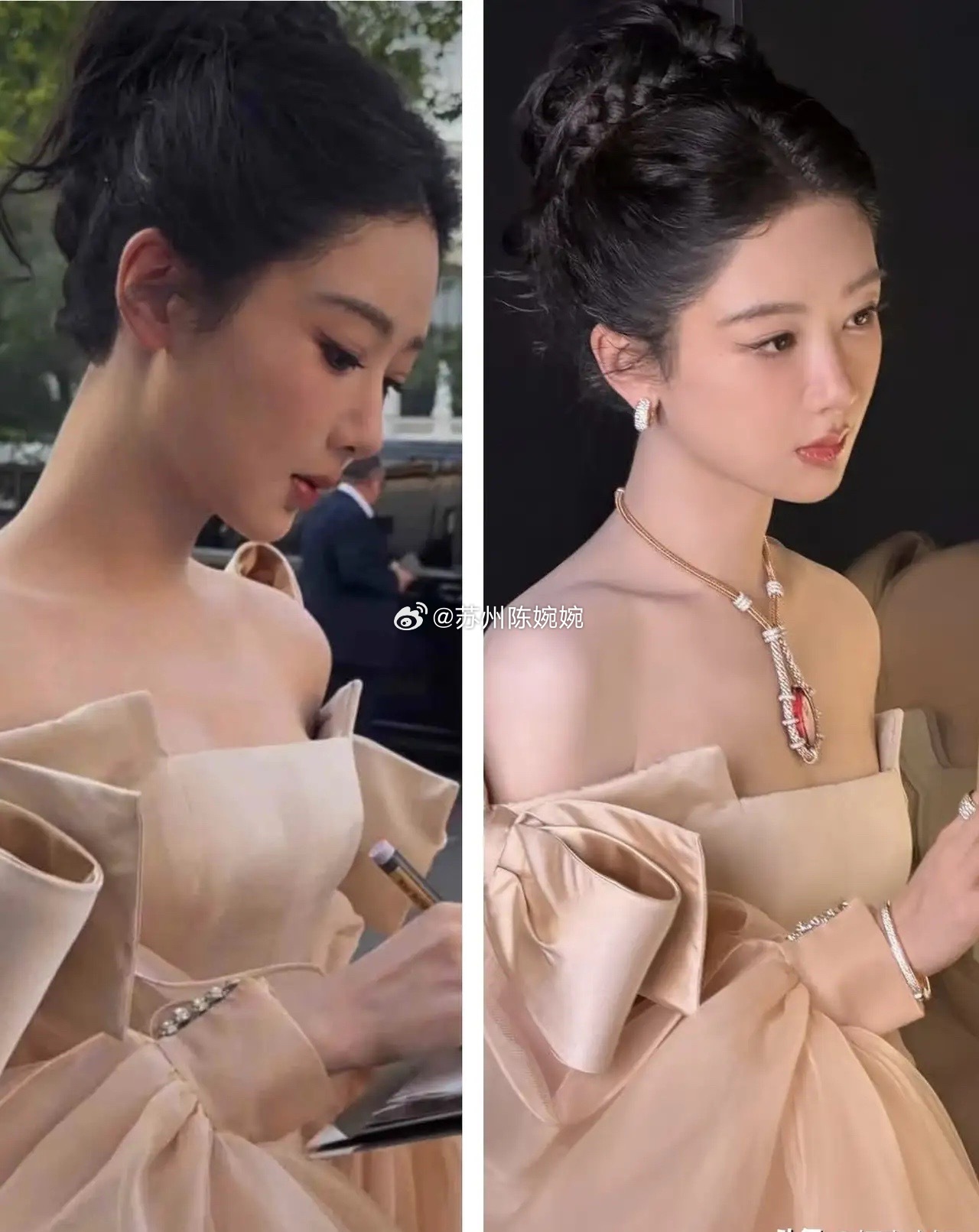 杨紫参加巴黎品牌活动这个细节不得不说明明进场前她的脖子没有戴任何东西，但是进场后
