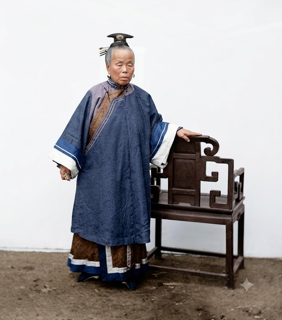 这张照片，是晚清重臣李鸿章的母亲——李氏。照片里的她，身着宽袍，发髻高高盘起，神