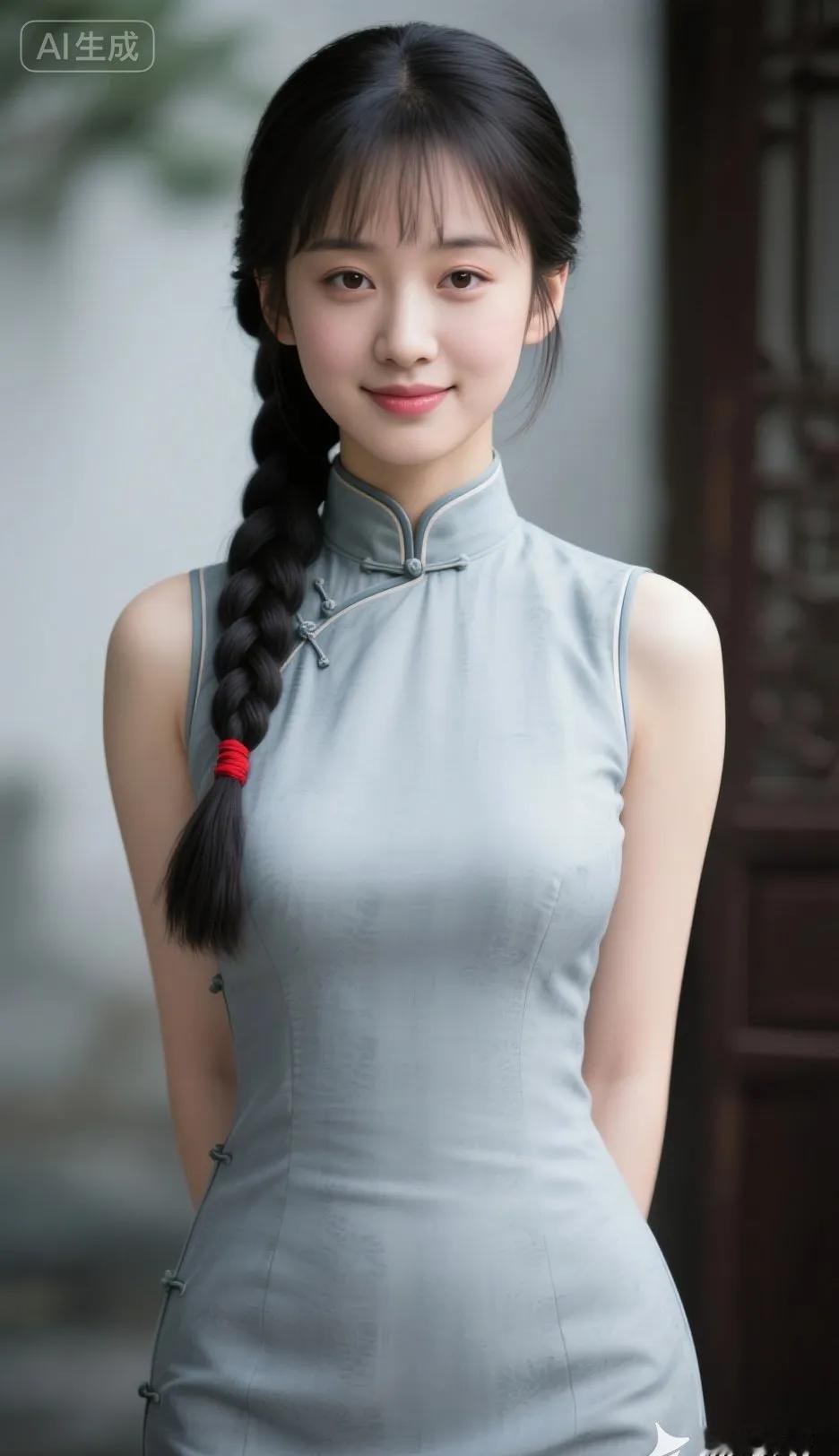 浅蓝旗袍，红绳麻花辫，年轻人穿上了。不是拍照摆拍，是真·天天穿。以前旗袍是妈