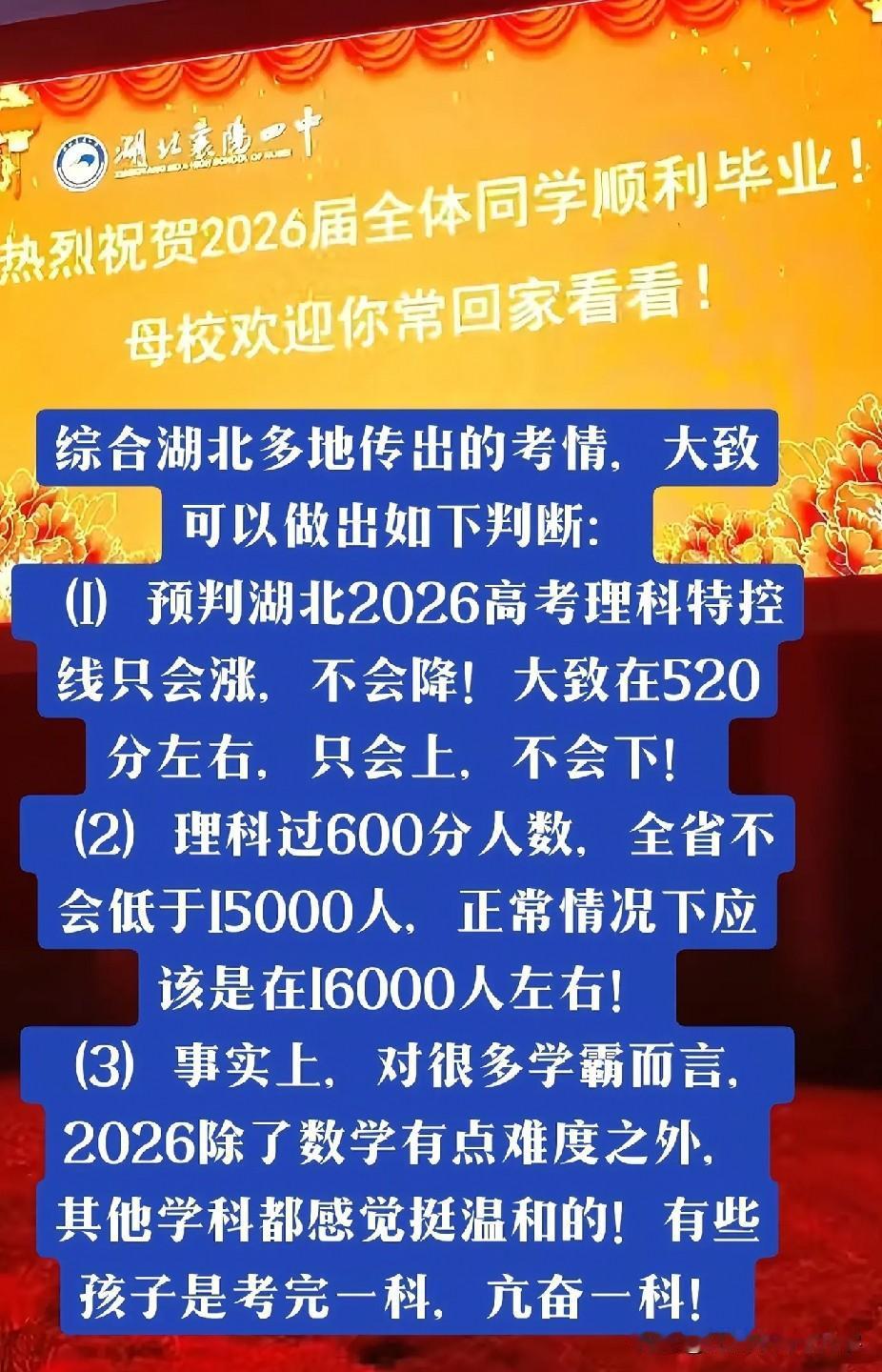 2026年湖北高考分数线预估出炉，今年的高考除了数学比较难，其他科目难度和去