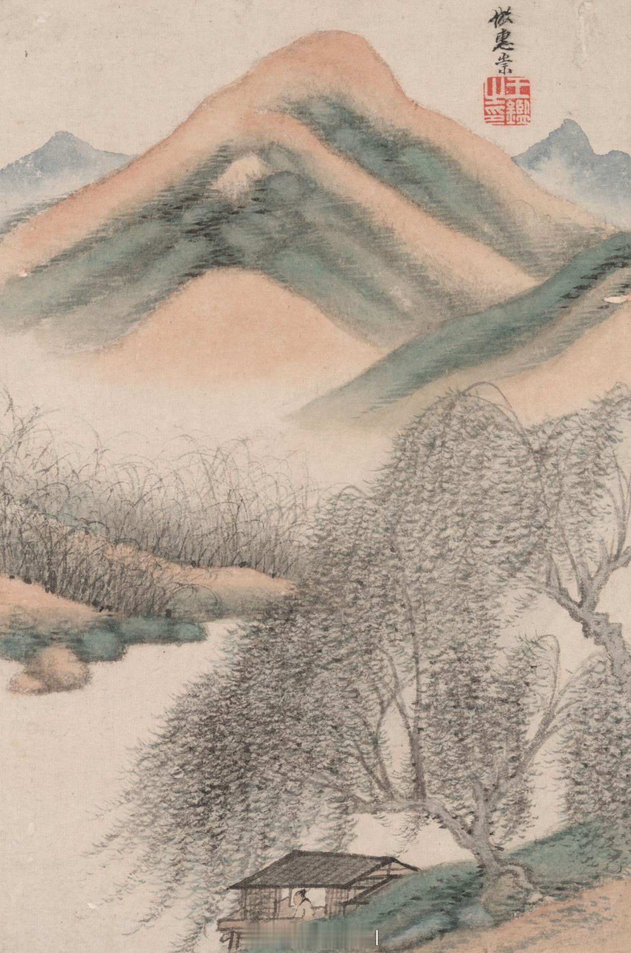明末清初王鉴仿惠崇柳溪书屋山水册页这幅作品是王鉴仿古系列山水作品中的一开，