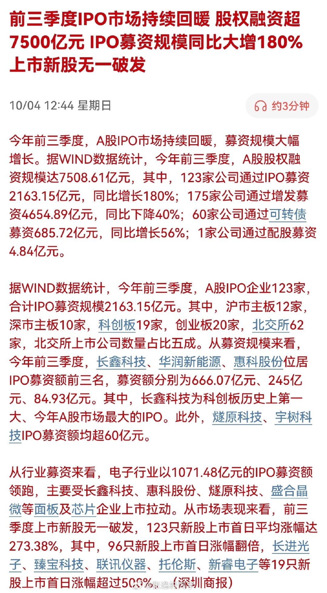 前三季度IPO市场持续回暖，股权融资超7500亿元，IPO募资规模同比大增180%，上市新股无一破发