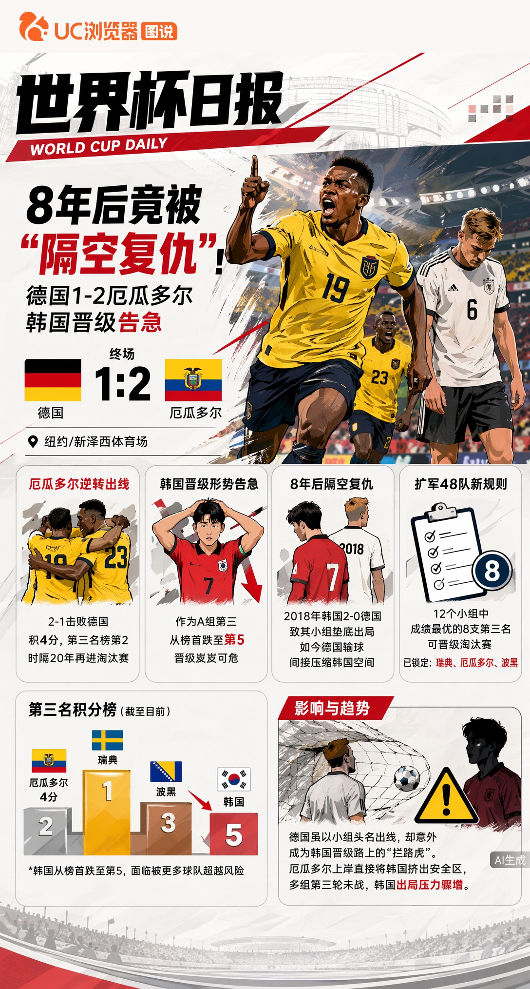 8年后竟被"隔空复仇"！德国1-2厄瓜多尔，韩国晋级告急