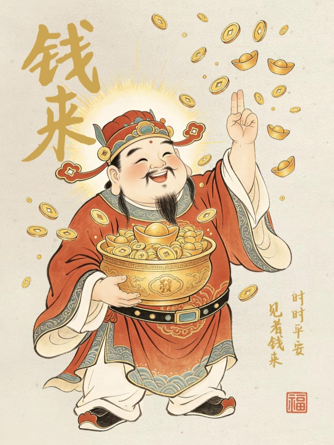 福星高照·财源滚滚财神爷笑开颜，金元宝雨哗啦啦下，见者钱来，时时平安，好运滚滚