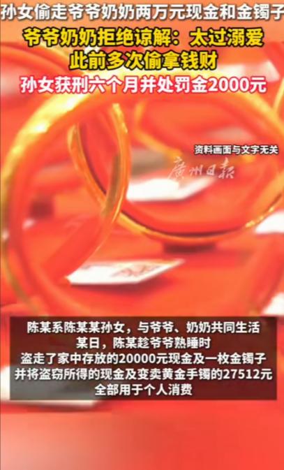 新疆，孙女趁爷爷熟睡，偷走20000元养老钱及一个金镯子，之后挥霍一空。原以为爷
