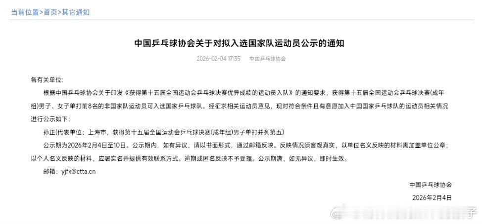 中国乒乓球协会关于对拟入选国家队运动员公示的通知：孙正以十五运男单并列第五的成绩