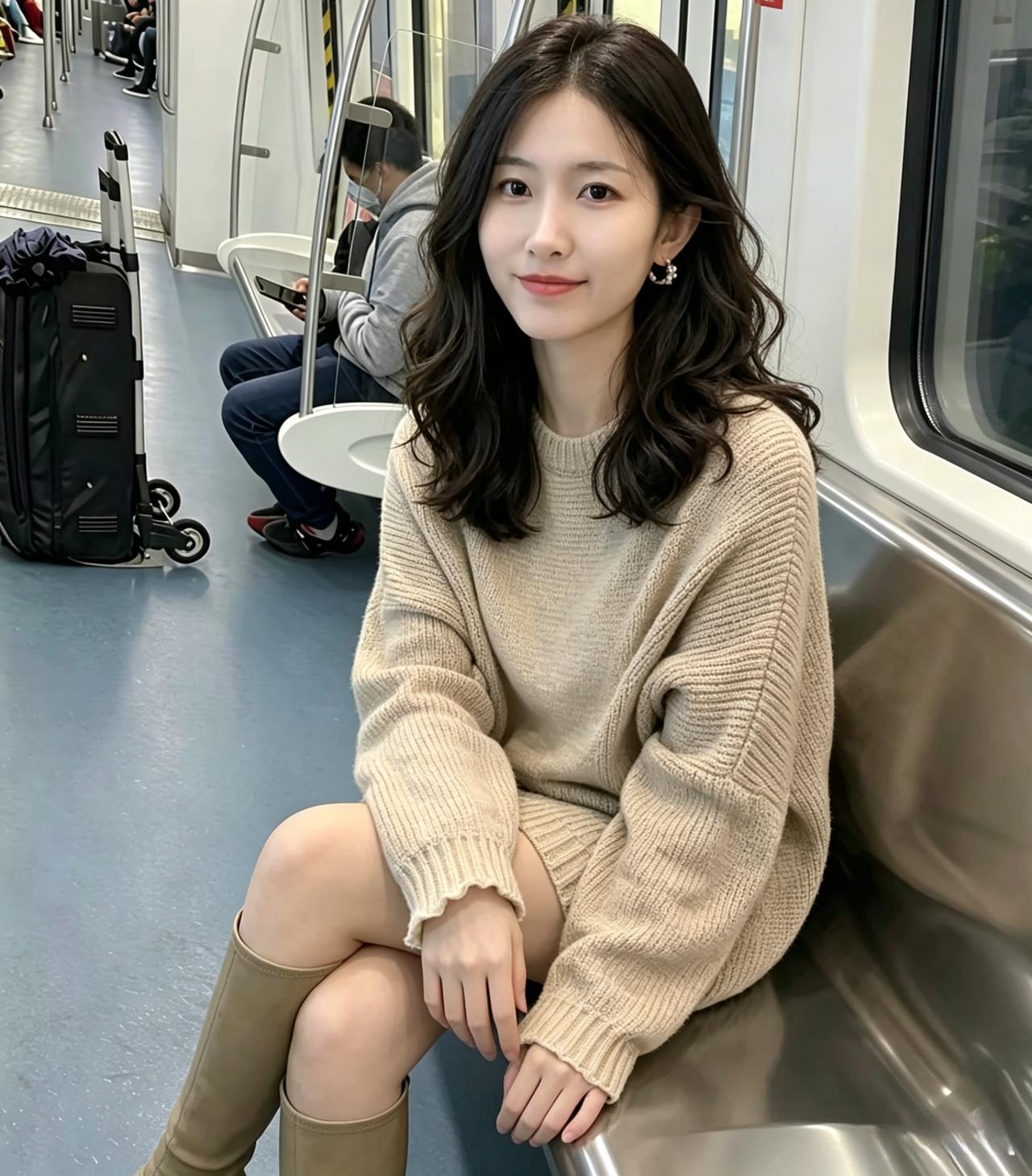 你换了个姿势，毛衣的褶皱里，藏着慵懒的温柔。刘海垂下来，遮住一点眉眼，却挡