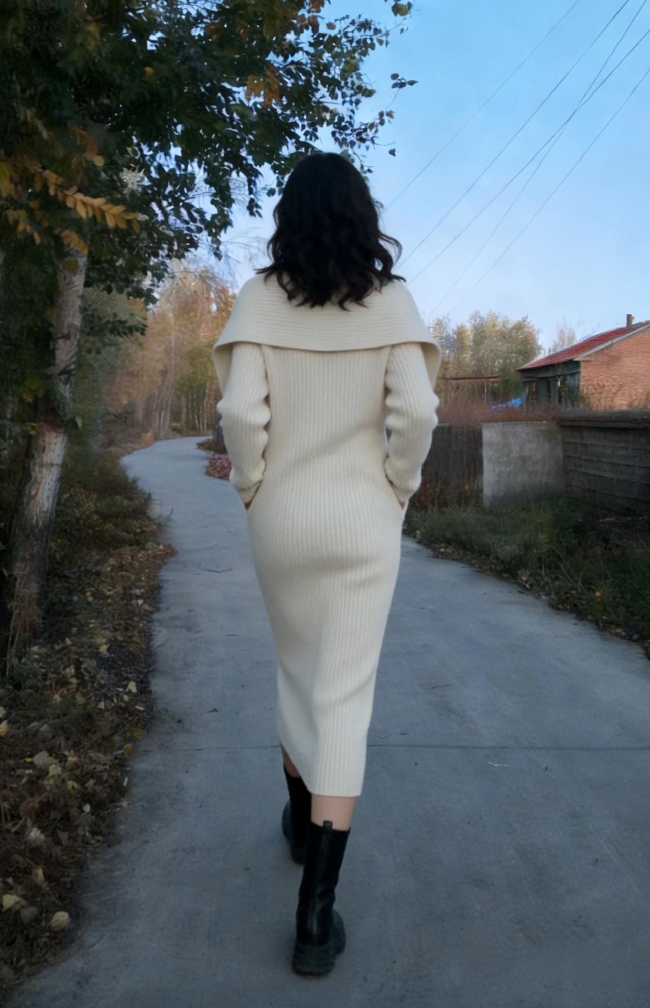 倩女孤行野径中，白裙摇曳逐秋风。背影渐随云影没，一川寒树望无穷。