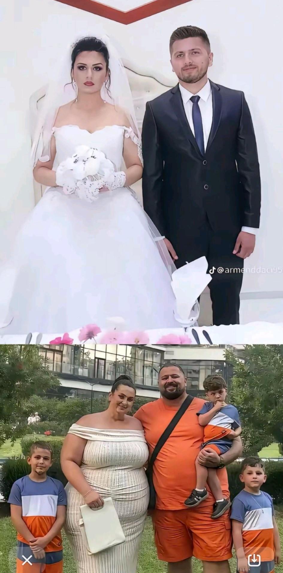 这是一对俄罗斯夫妻间隔十几年拍摄的两张合影。新婚之际，男人英俊潇洒，新娘美丽动人