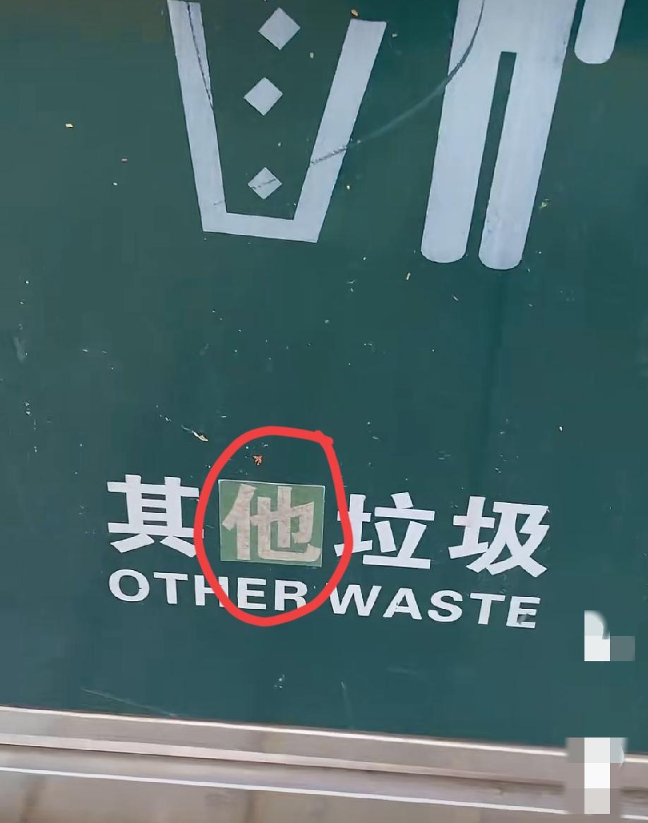 女子看到路旁垃圾桶上面写的是“其他垃圾”的字样，认为有人故意挑起男女对立，之后回