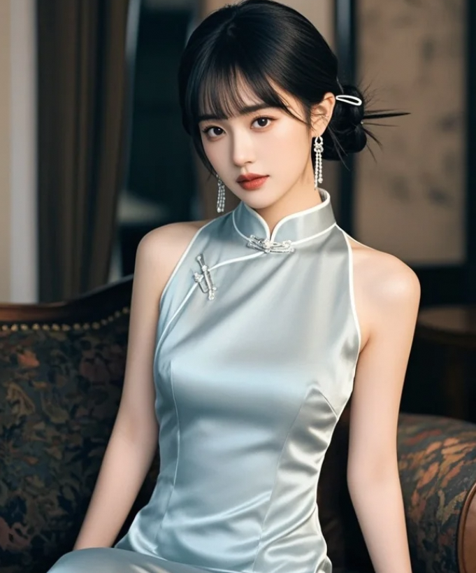 旗袍的贴身设计凸显出她玲珑的曲线