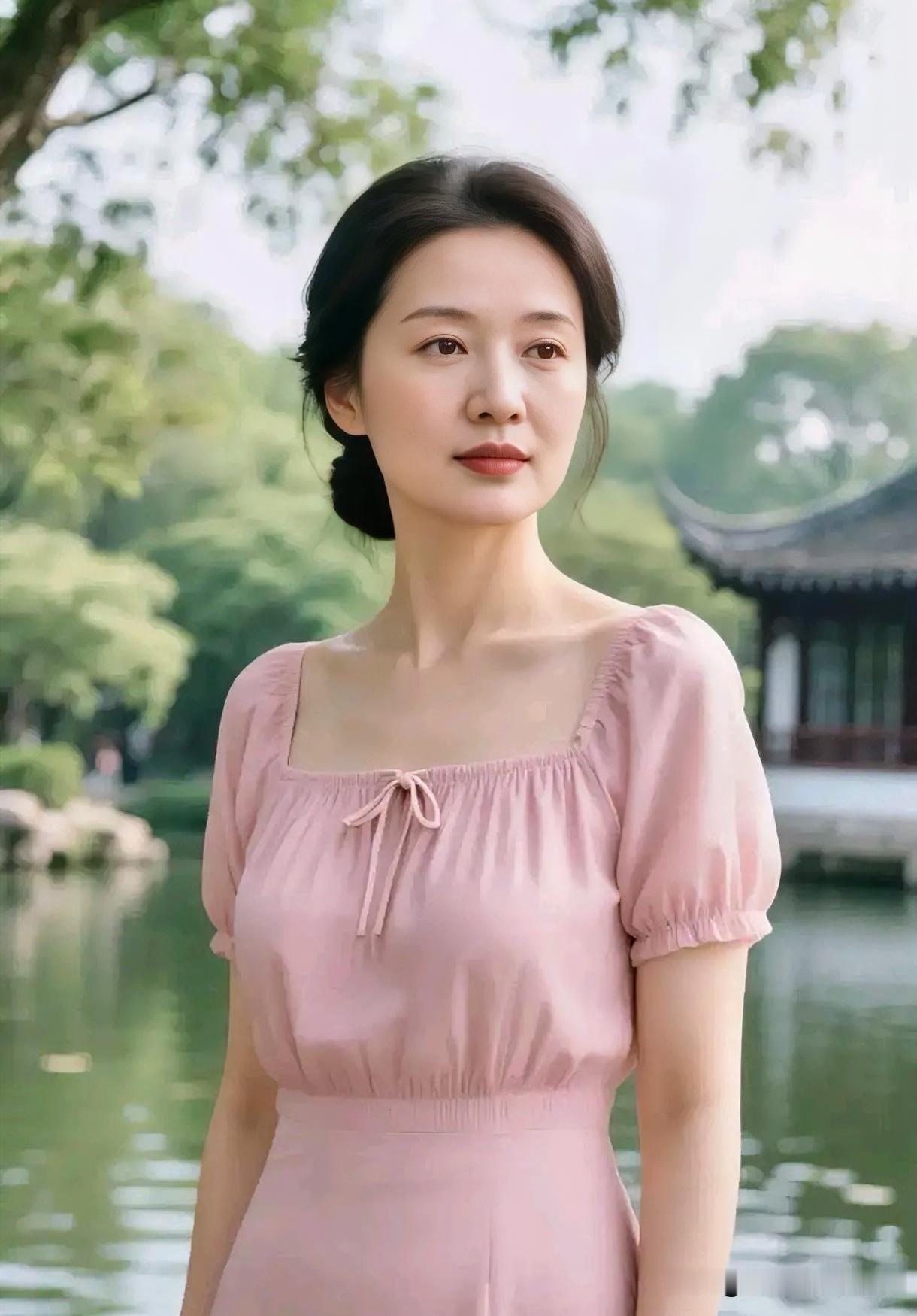 粉色裙装晕染江南柔情，湖光树影间，温婉气质与自然诗意完美交融。