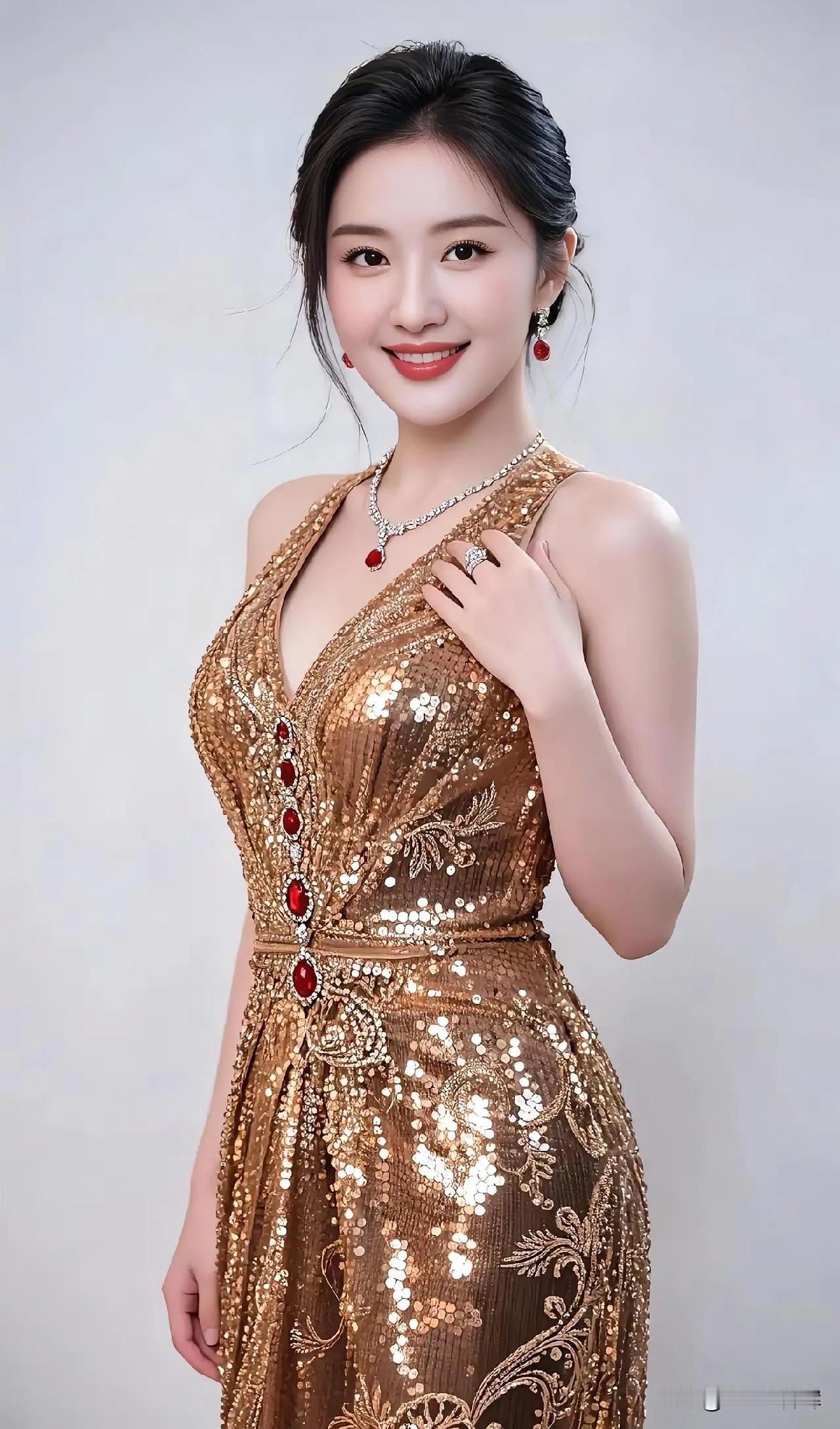 鎏金为裳，她站在光的聚光灯下。亮片织就星河，红宝点缀火焰的梦。颈链锁住璀