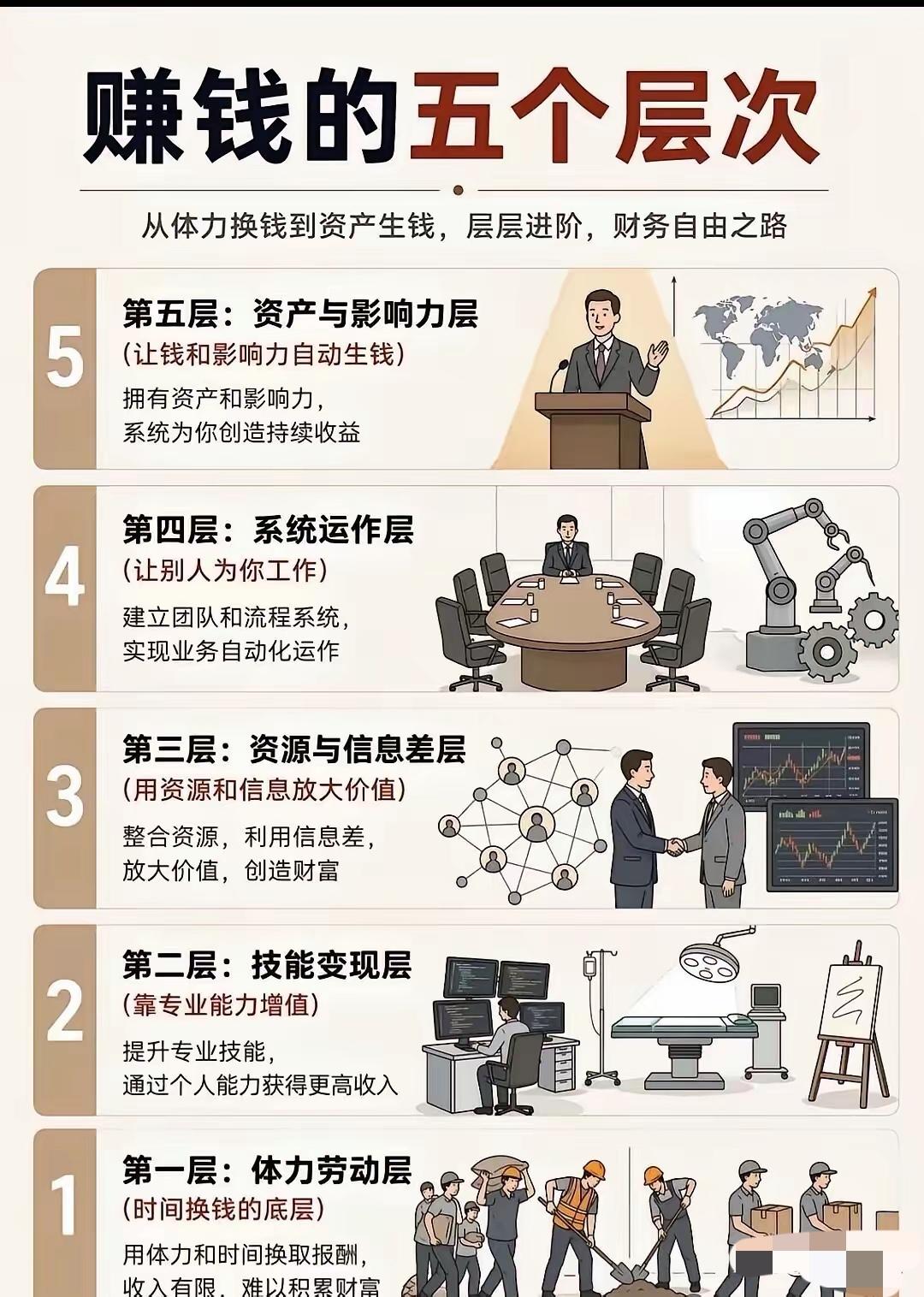 赚钱的5个层次，[吐舌头眯眼睛笑]看懂普通人财富跃迁的真相赚钱从来不是埋头苦干，而是有着