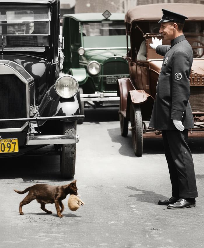 20世纪20年代，纽约街头，一名身着笔挺制服的交通警察站在车流前方，抬手做出停止