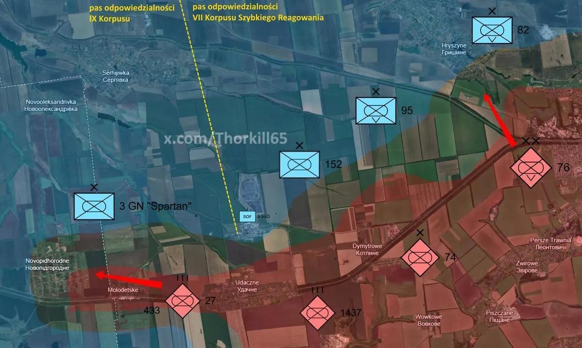 当俄军76师向格里希涅发动攻势，被乌第七军的增援部队82旅和95旅击败的同时，俄