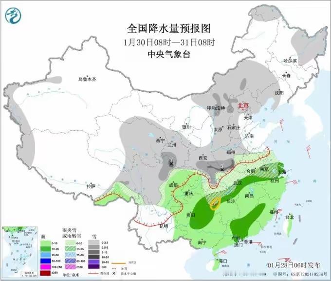 2026年1月30日至31日的南北方降水分布显示，长江以南地区降雨，长江以北地区
