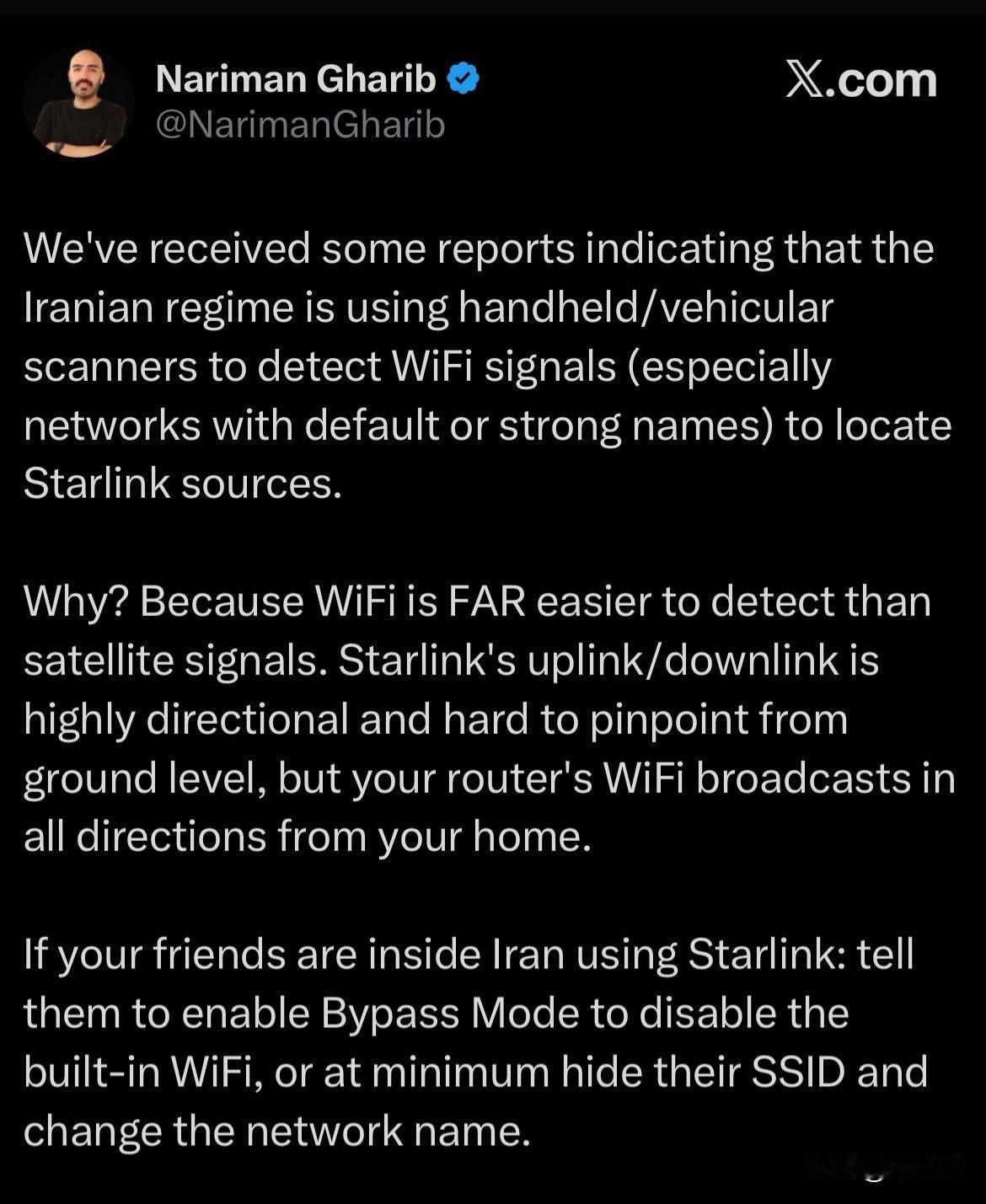 根据报告，伊朗政权正在使用扫描仪检测Starlink用户的WiFi信号，
