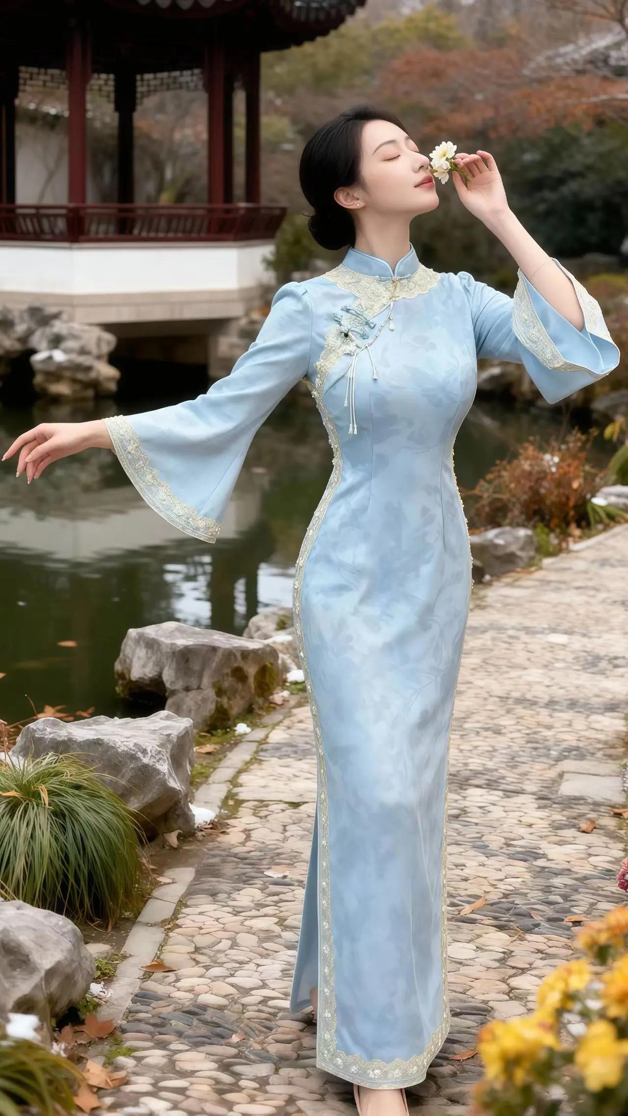 青衣拂袖舞，花影映池塘。